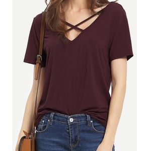 Socialite Double V cross front plum t-shirt